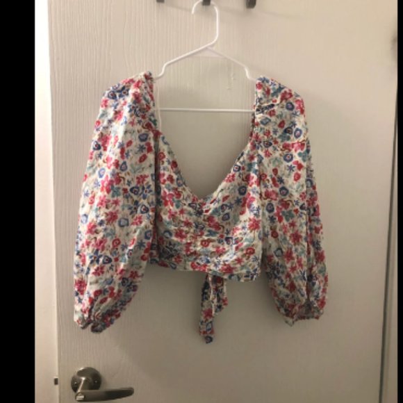 Zara Tops - Zara Linen Blend Puff Sleeve Floral Tie Crop Top Sz M